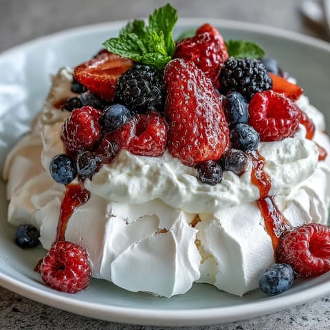 Luftige Pavlova mit frischen Beeren und Sahne, knusprig außen, marshmallowartig innen.