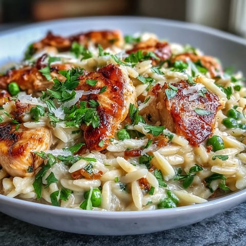 Köstliche One-Pot Zitronen-Orzo mit Hühnchen und Erbsen in einer cremigen Parmesan-Sauce.