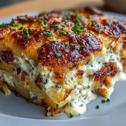 Goldene Creamy Ranch Chicken Potato Bake mit geschmolzenem Cheddar und frischen Schnittlauchspitzen, aus dem Ofen.