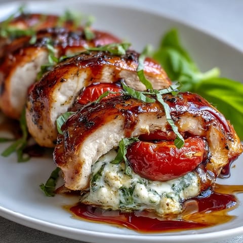 Caprese gefüllte Hähnchenbrust mit frischem Basilikum und Mozzarella