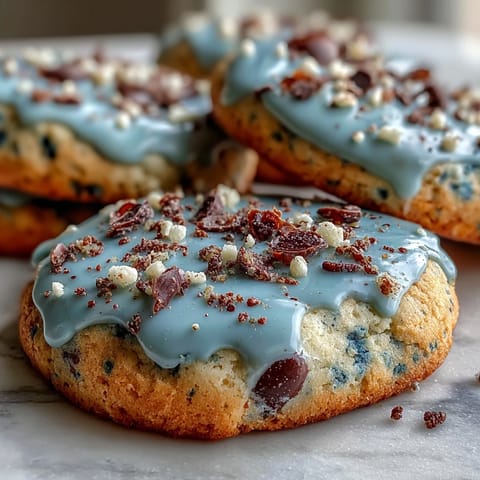 Blaue Zuckerkekse mit Schokoladenspeckeln, perfekt für den Frühling, dekoriert mit Royal Icing.