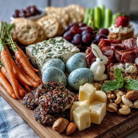 Bunter Oster-Käse- und Wurstteller mit frischen Früchten und süßen Leckereien, perfekt für festliche Anlässe.