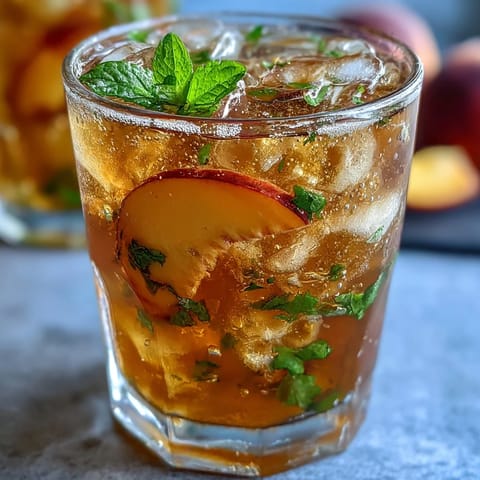 Erfrischender Iced Peach Green Tea Lemonade, dekoriert mit frischen Pfirsichscheiben und Minze.