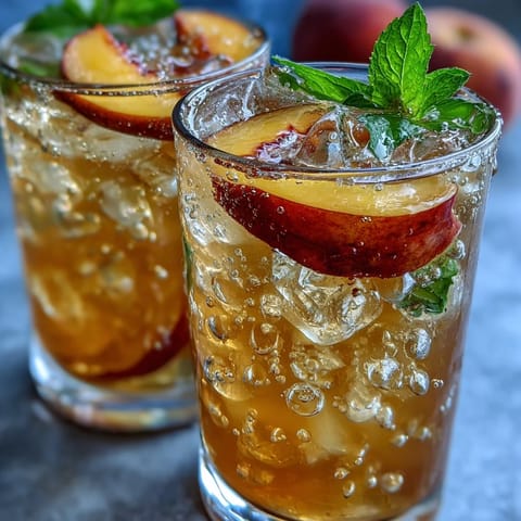Ein belebender Schluck Iced Peach Green Tea Lemonade, perfekt für sonnige Nachmittage.