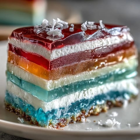 Regenbogen-Wackelpudding-Kuchen mit Kokoscreme, schichtenweise geschichtet.