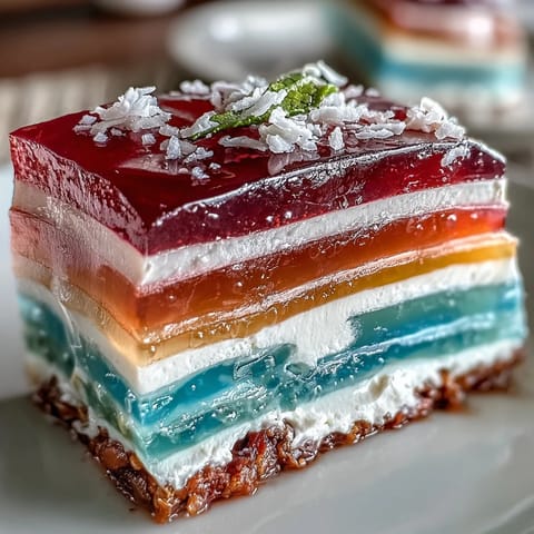Bunter Wackelpudding-Kuchen mit Agar-Agar und cremiger Kokosschicht serviert.