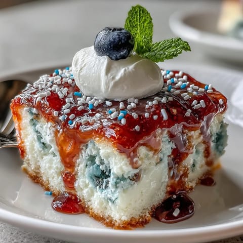 Festlicher Memorial Day Red White Blue Poke Cake mit wirbelndem Gelee und Schlagsahne.
