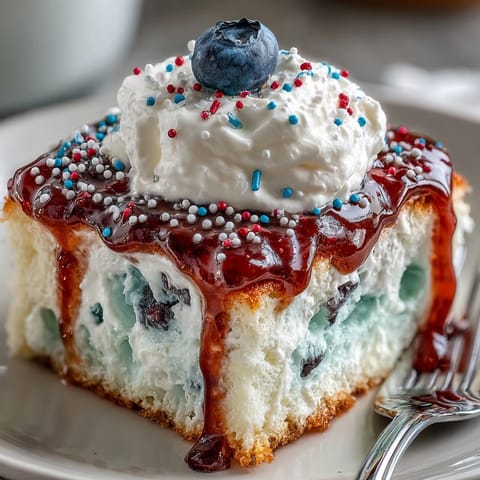 Buntes Memorial Day Red White Blue Poke Cake, perfekt für Feiern, mit üppiger Sahne.