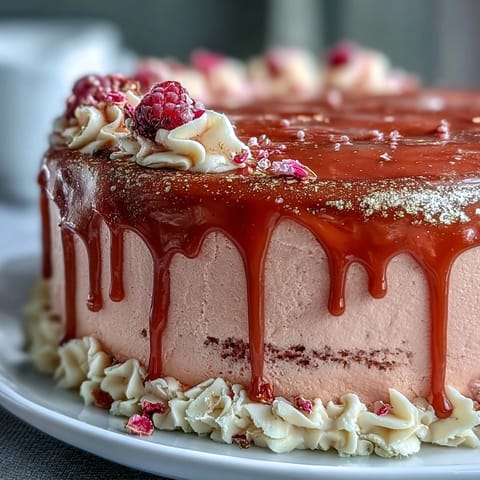 Rosé-Velvet-Kuchen mit Goldtropfen für eine festliche Hochzeitsfeier