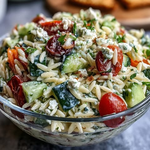 Erfrischender Summer Orzo Salad mit Feta und Zitrone, belegt mit sonnengetrockneten Tomaten und frischer Petersilie.