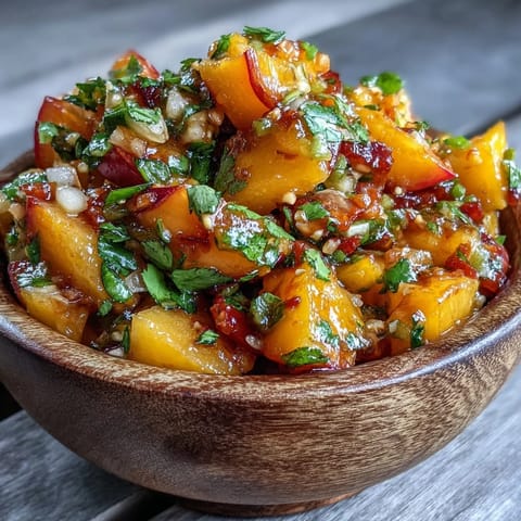 Beschwingte Pfirsich-Jalapeño-Salsa, perfekt als erfrischendes Topping für gegrillte Meeresfrüchte.