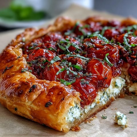 Rustikale Röstitomaten-Feta-Galette mit goldenem Teig und herzhafter Füllung.