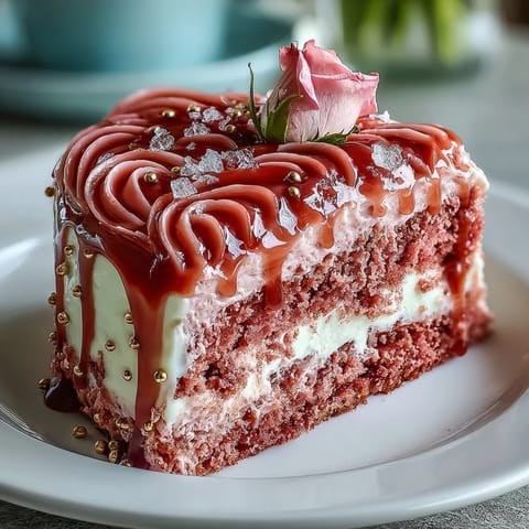 Zartpinker Rosé-Samtkuchen mit glänzenden goldenen Tropfen für besondere Anlässe.