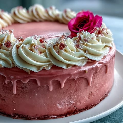 Ein festliches Rosé-Samttortenkunstwerk mit schmelzendem Frischkäse-Frosting und dekorativem Gold-Drip.