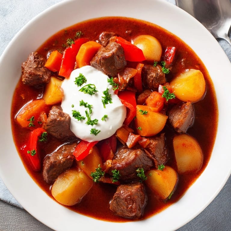 Hausgemachtes German One-Pot Goulash, serviert mit Sauerrahm und Petersilie, köstlich und einladend.