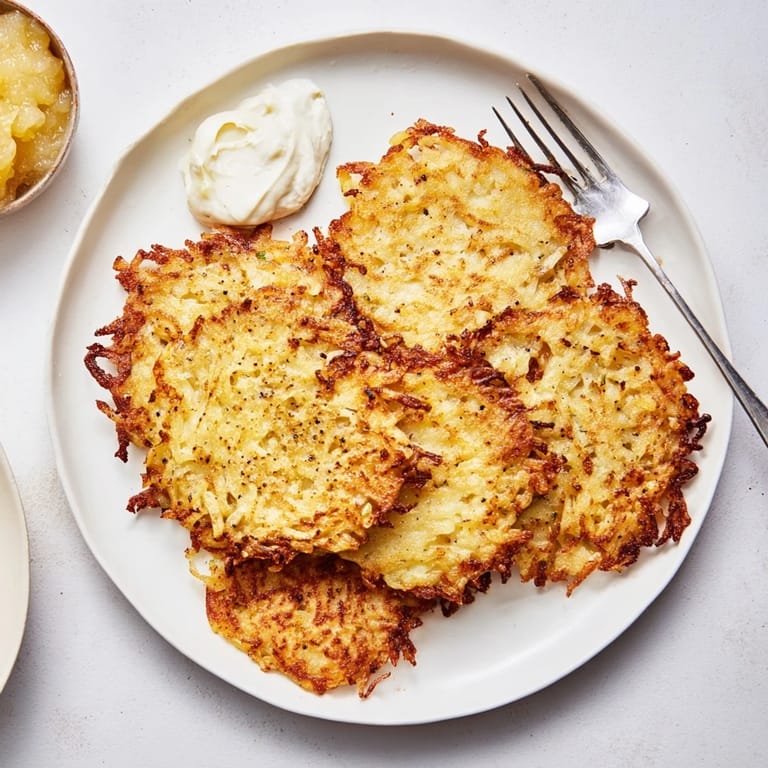 Zarte Kartoffelpuffer gebraten bis zur perfekten Goldbraunheit, ideal als Beilage oder Snack.  