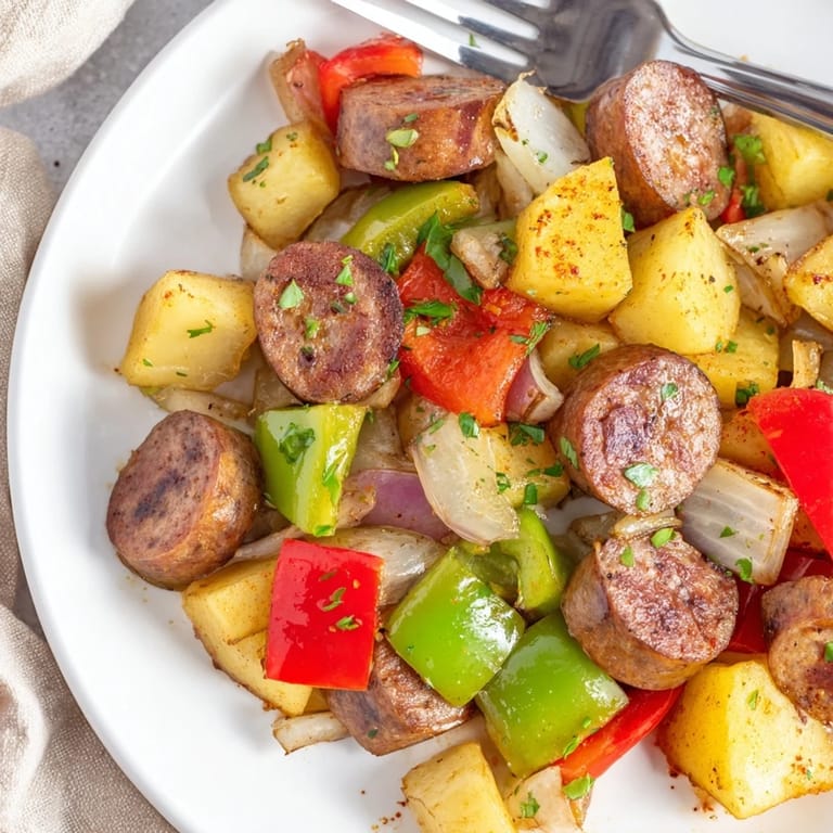 Ein Ein-Pfannen Easy Sausage and Potato Skillet voller Aromen, perfekt für schnelles Kochen.