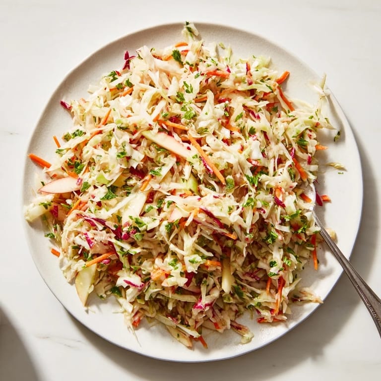 Refreshing sauerkraut and apple slaw, garnished with fresh herbs and vibrant colors.  