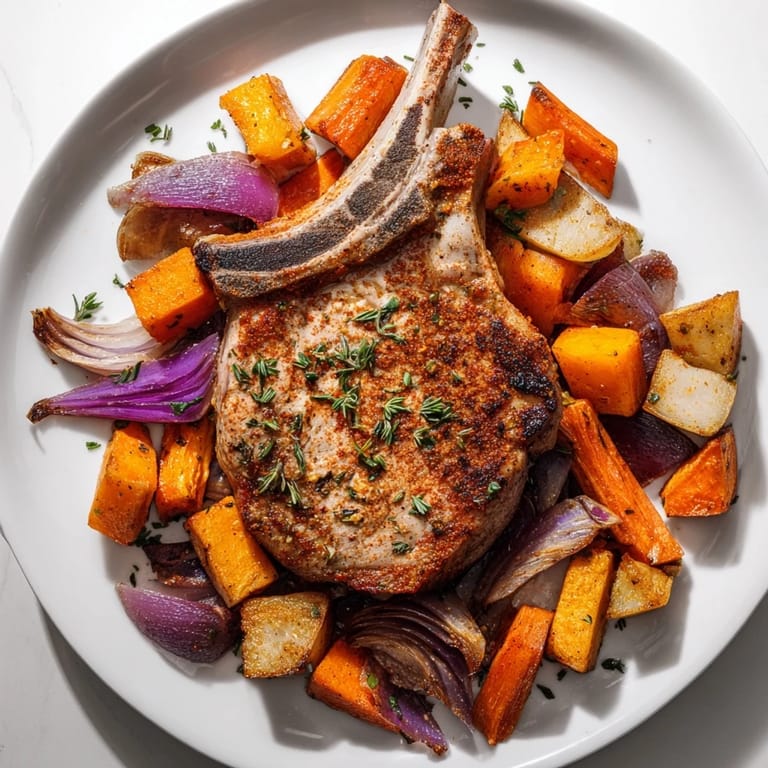 Golden-brown sheet pan pork chop and root veggies ready for a delicious American dinner.