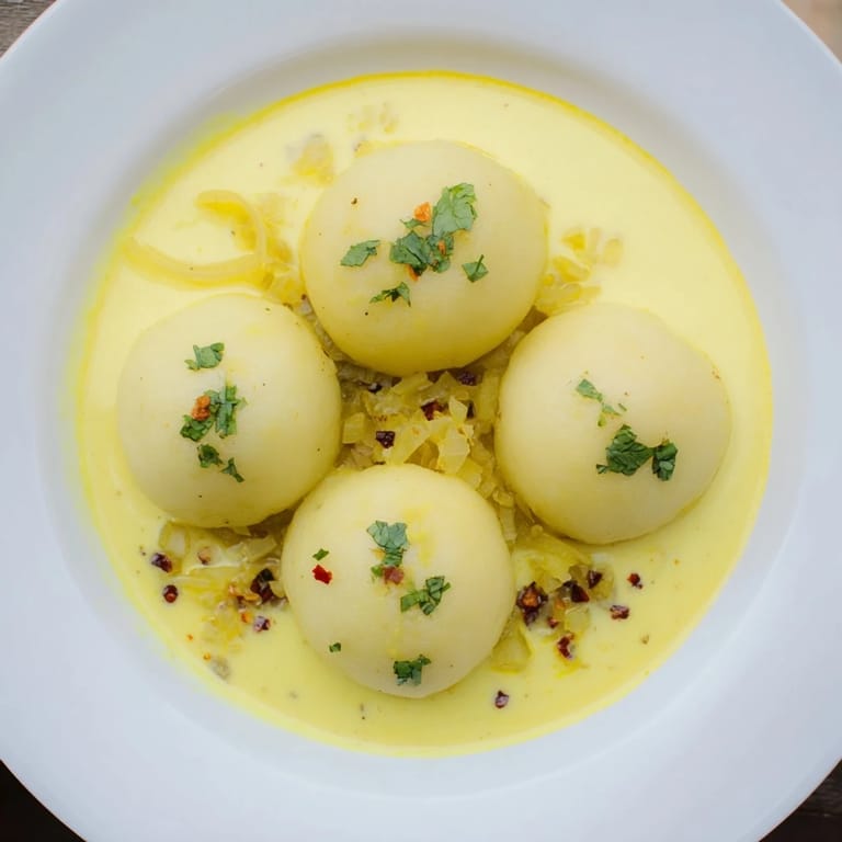 A close-up of golden Curry Comfort Potato Dumplings in their vibrant, flavorful curry sauce, garnished with fresh herbs.