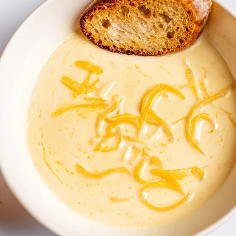 Golden, bubbly German Cheese and Onion Beer Soup, the perfect comfort food for a chilly evening.