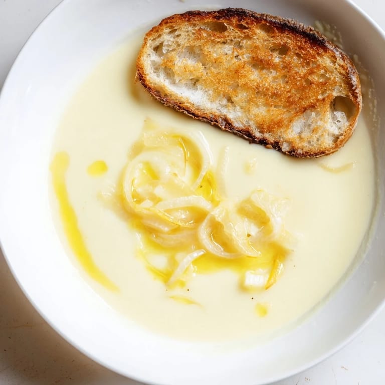Rich and creamy German Cheese and Onion Beer Soup, served hot with crusty bread, a flavorful appetizer.