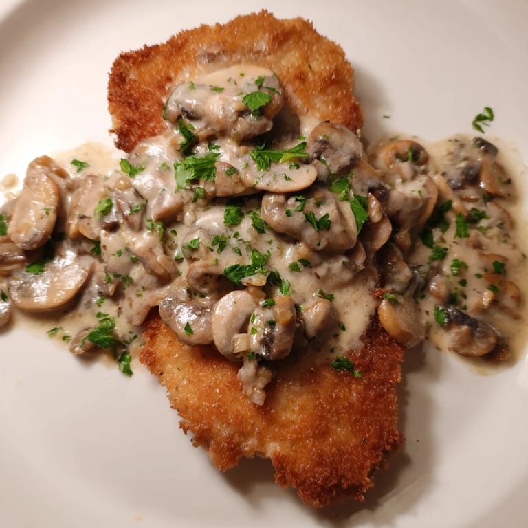 A close-up of crispy Jaeger Schnitzel with savory mushroom gravy, perfect for any dinner.
