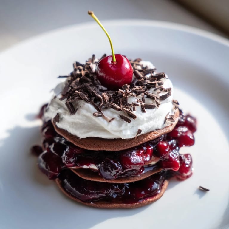 Whipped cream and chocolate shavings crown these mini Black Forest Pancakes, a tasty German-inspired treat.