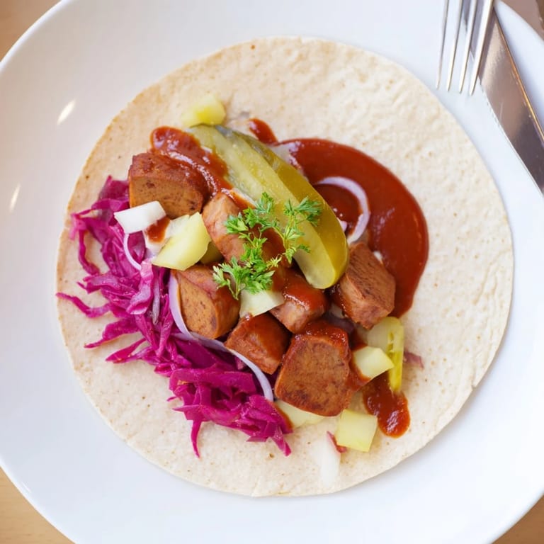 Freshly assembled Berlin Currywurst Tacos, bursting with colorful toppings, ready to enjoy.