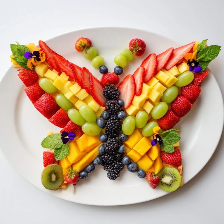 Ein farbenfrohes Butterfly Bloom Fruit Board mit frischen Früchten, perfekt für Partys.