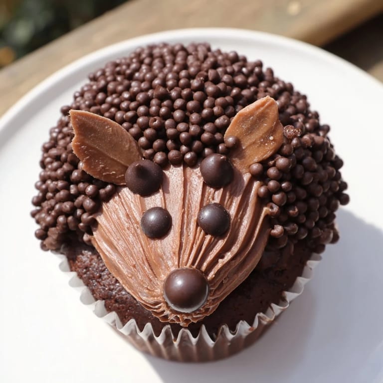Close-up of a delightful hedgehog cupcake tower with chocolate sprinkles and cute mini-chip eyes.