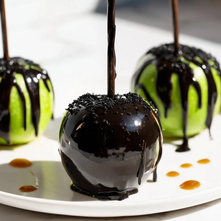 Dark and delicious poison apples sit surrounded by Halloween snacks, ready to eat.