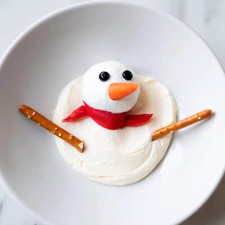 Festive Melted Snowman Dip, a holiday appetizer with a melted cheese and yogurt snow scene.