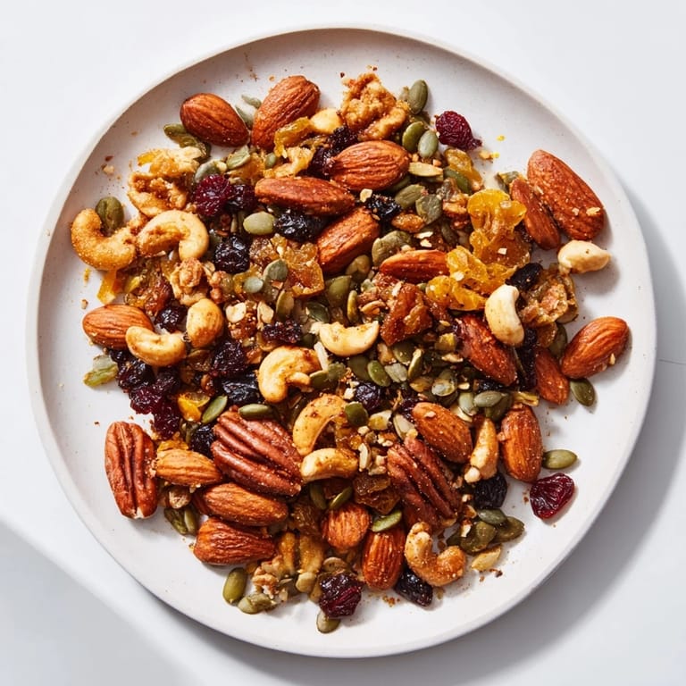Golden, crunchy Nutty Nosh Squirrel Snack Mix, a perfect blend of nuts and dried fruits.