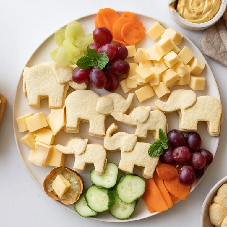 Vibrant Gentle Giant Elephant Cracker Board, a playful arrangement of crackers, cheeses, and fresh produce.