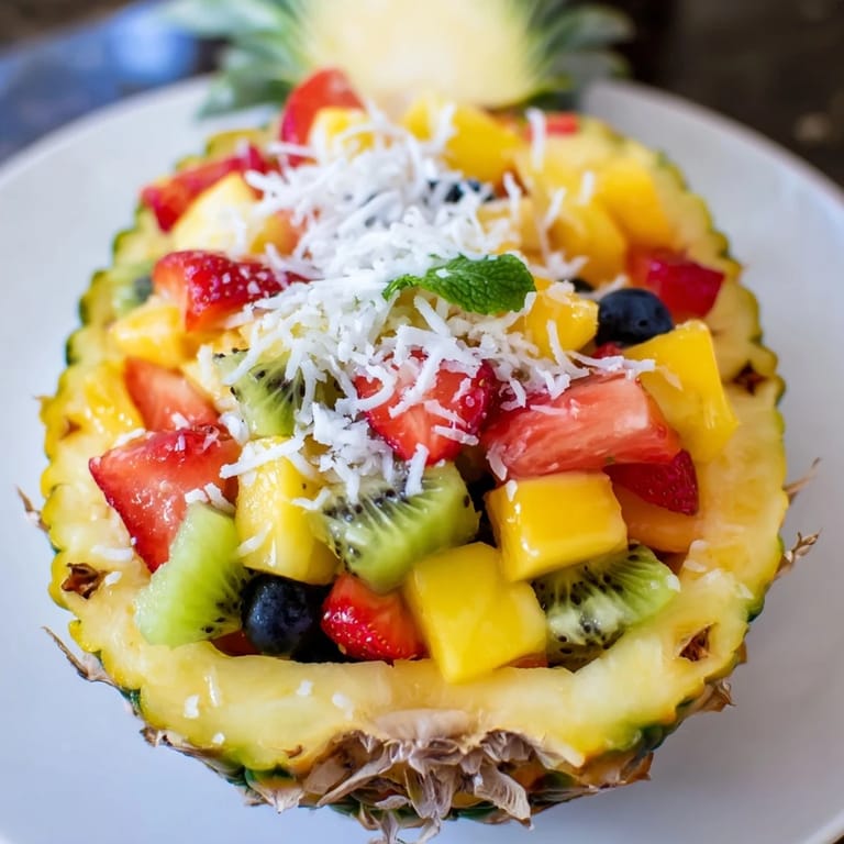 A close-up of a Tropical Bliss Pineapple Fruit Boat, a refreshing vegan snack or dessert.