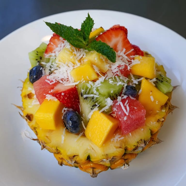 Vibrant Tropical Bliss Pineapple Fruit Boat filled with juicy mango, pineapple, and berries on a table.
