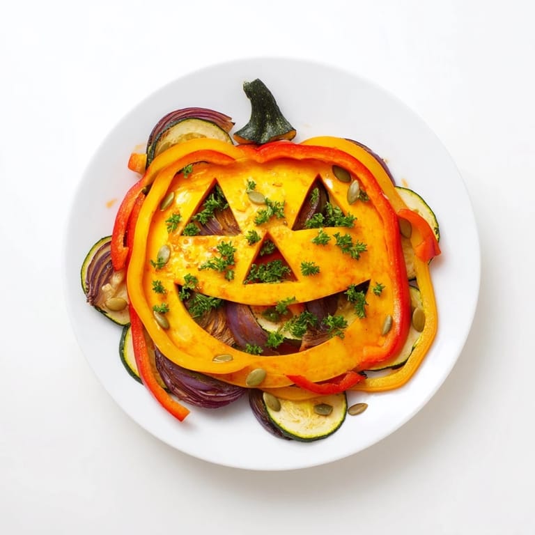 Vibrant Pumpkin Lantern surrounded by roasted bell peppers, creating a delicious, colorful American appetizer