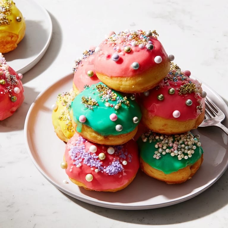 Freshly fried Christmas Ornament Beignets with vibrant icing and edible pearl decorations, ready to eat.