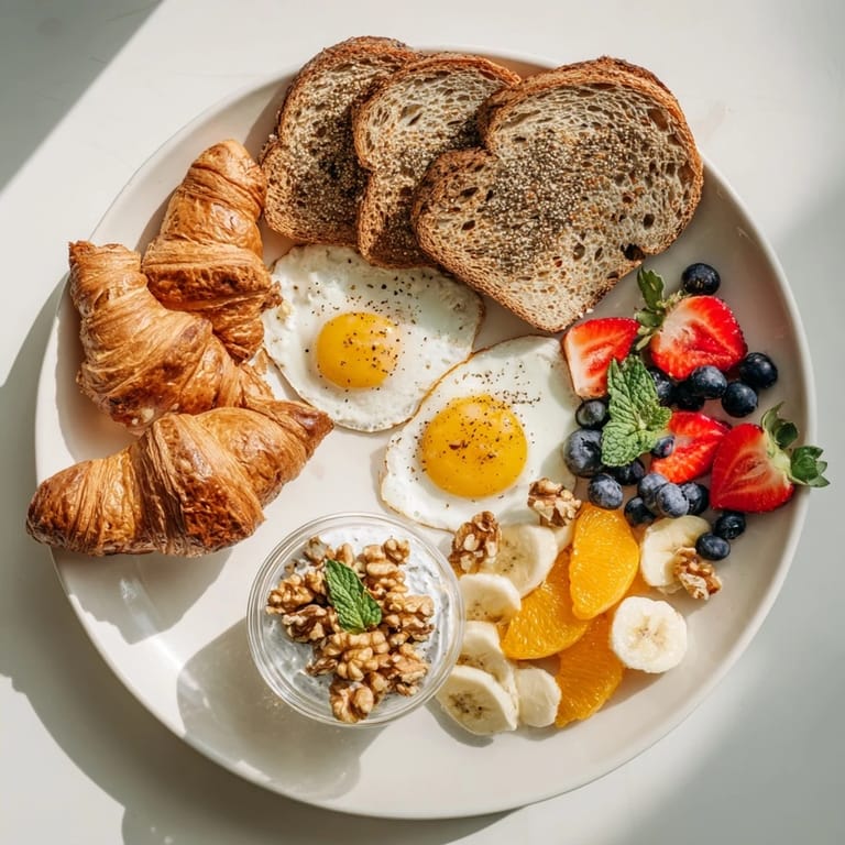 A sunny, delicious Soleil Matinal breakfast platter with fruit and yogurt, ready to eat.