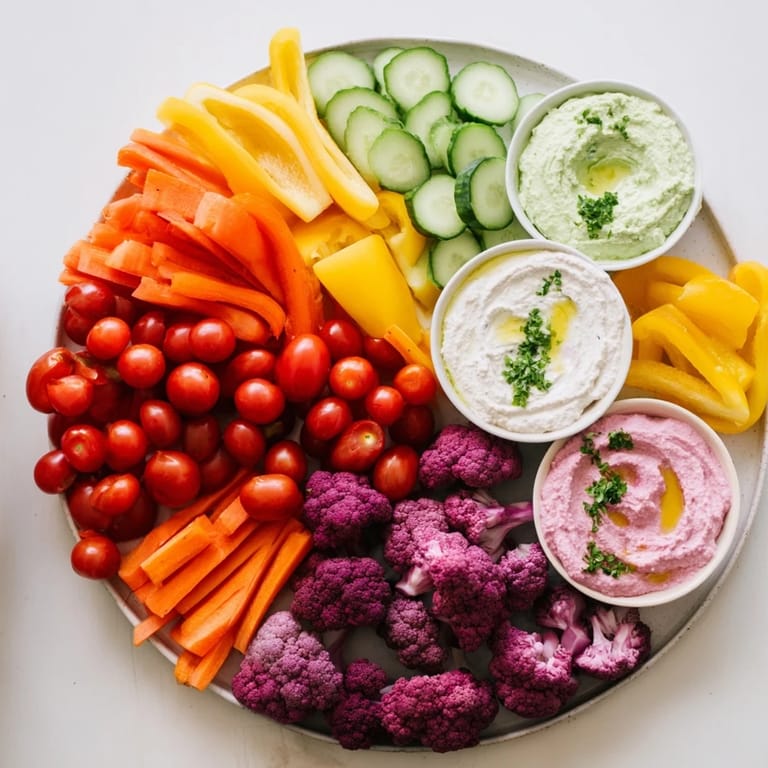 A vibrant, healthy appetizer featuring Rainbow Vegetable Dips with a rainbow of fresh, crisp vegetables.
