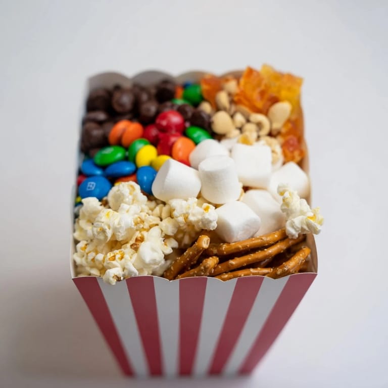 A vibrant Movie Night Popcorn Box Treat Display showcasing popcorn, candies, pretzels, and cheese crackers for all to enjoy.