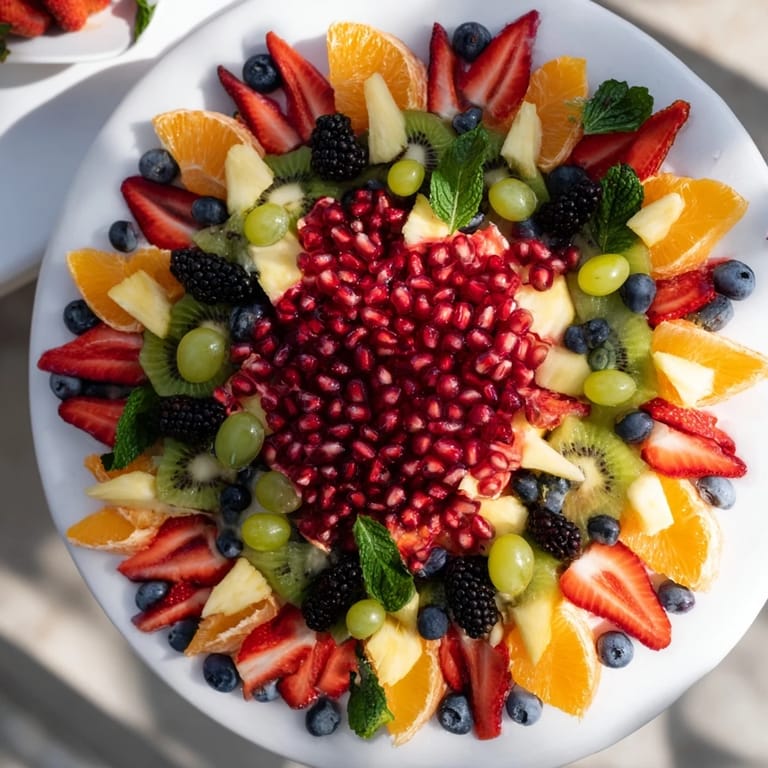 Close-up of the Pomegranate Starburst Platter, a visually stunning and healthy fruit arrangement.