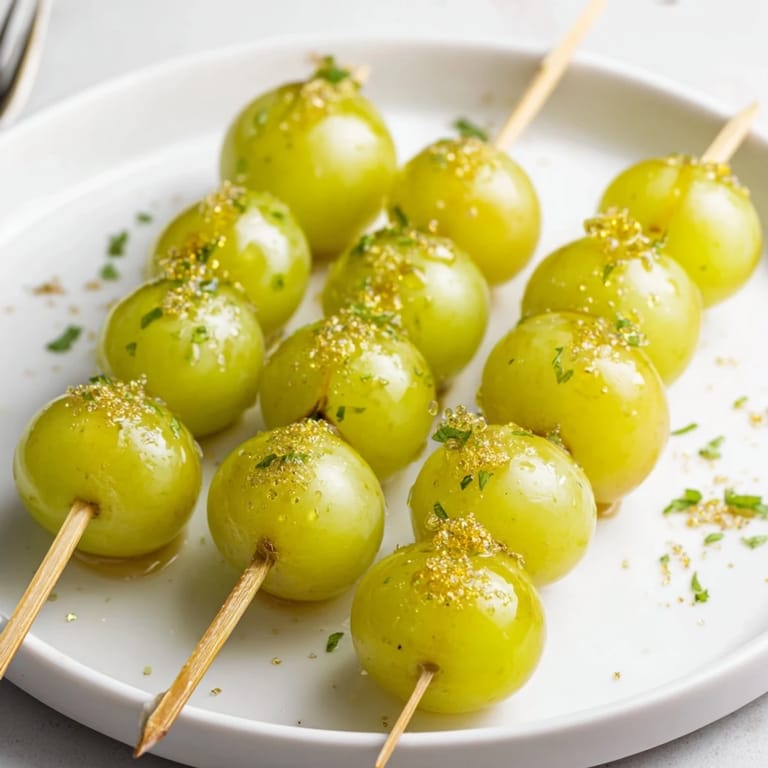 "Zwölf saftige Trauben auf Spießen: Die Grapes of Luck Countdown Skewers sind ein festliches Dessert für den Jahreswechsel."