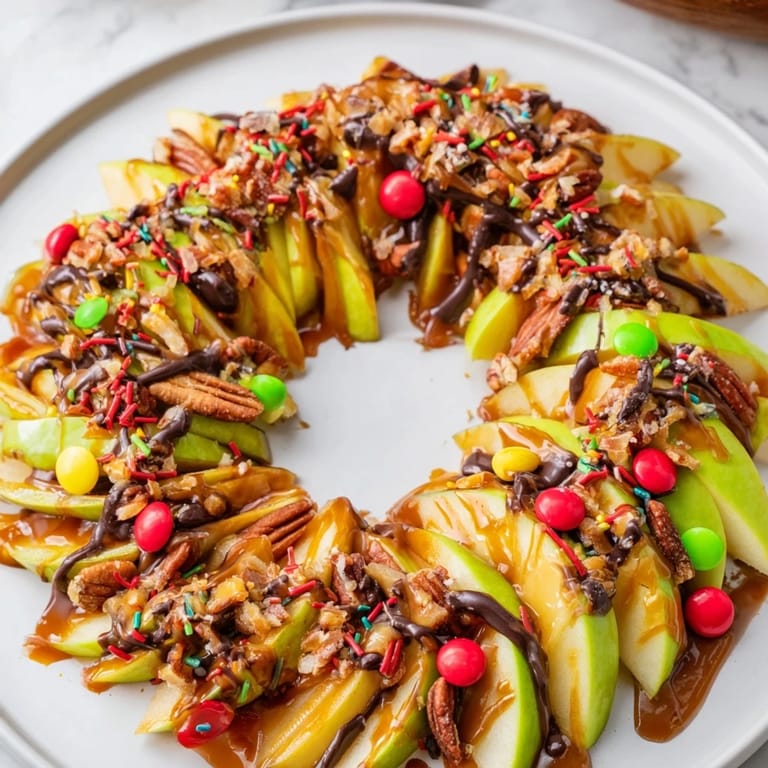 Bright red and green candies top this delicious Caramel Apple Slice Christmas Wreath, perfect for sharing.