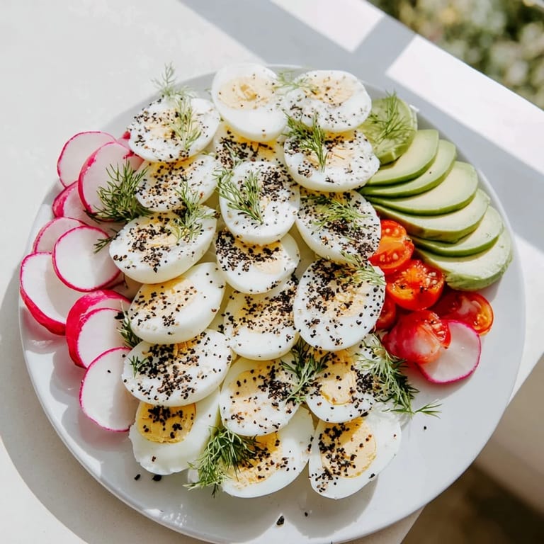 Vibrant brunch board of sliced eggs; see the everything bagel seasoning, spreads, and fresh veggies.