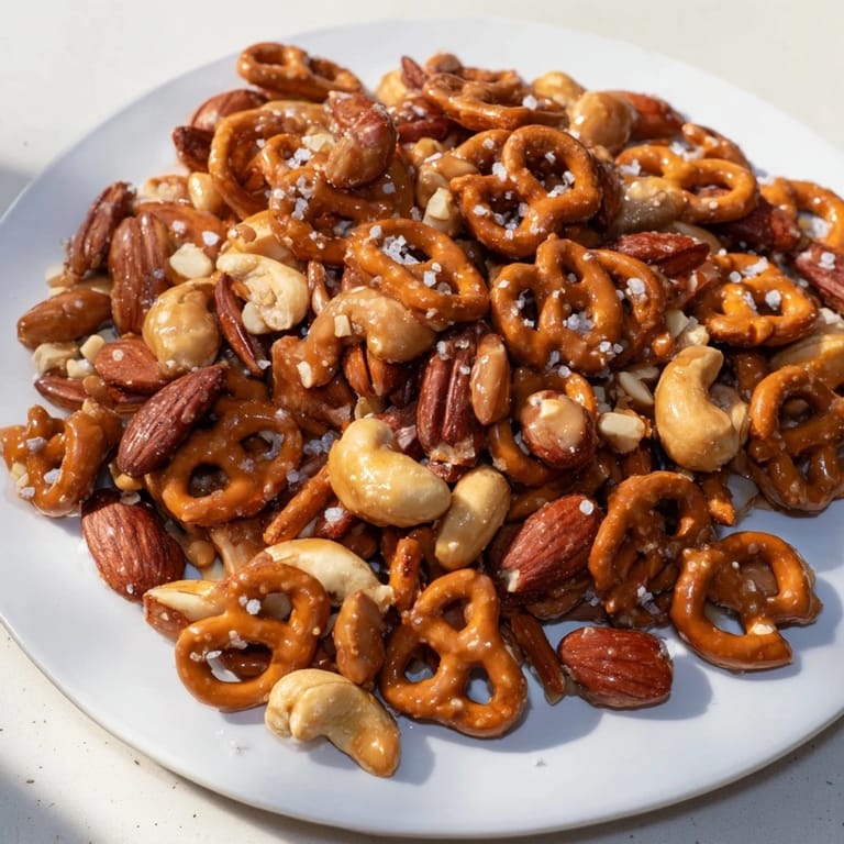 Close-up of baked salted caramel pretzels, showing crunchy nuts and a sweet, salty glaze.