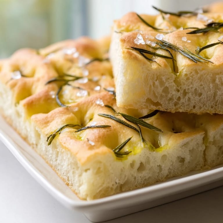 Freshly baked Holiday Bread focaccia, showcasing a soft interior and crispy, golden crust.