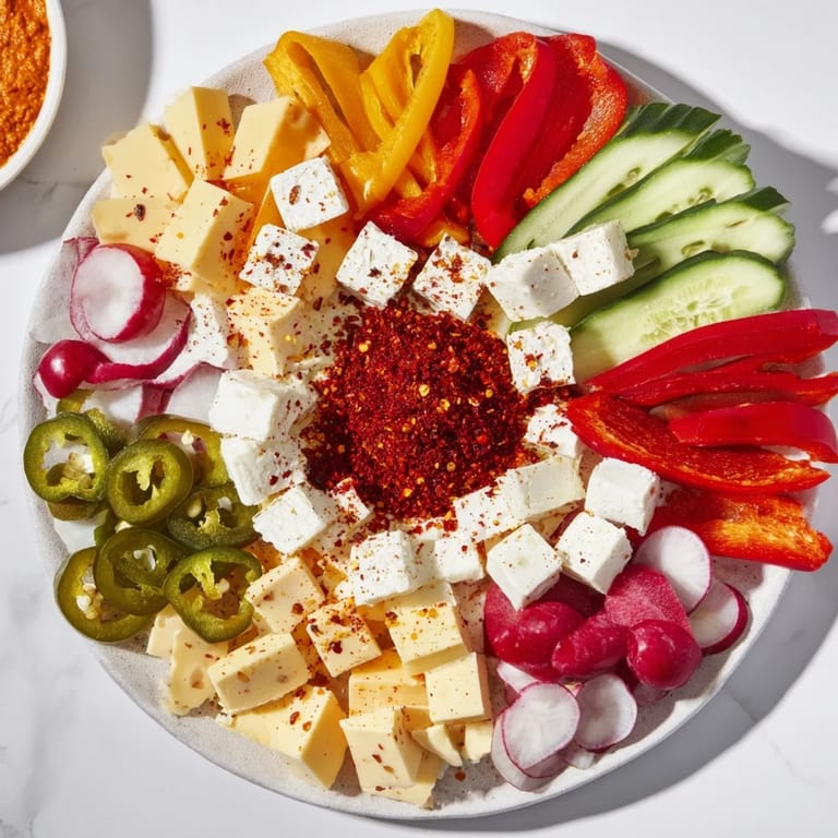 Appetizing arrangement of The Spicy Hot Take Platter with hot peppers, cheeses, and dips, perfect for parties.