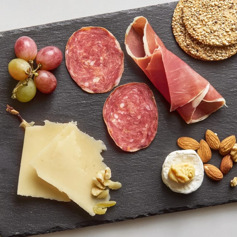 Close-up of a charcuterie board for one with salami, cheddar, and goat cheese; perfect for snacking.